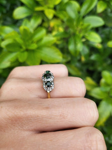 5925: Vintage & Old 18ct Gold Green Tourmalines Trilogy 18 Diamonds Dress Ring- lovely, classic combination- nice weight