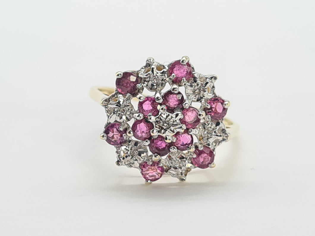 8219: Vintage: 9ct Gold 12 Rubies 7 Diamonds Large Flower Head Cluster Ring