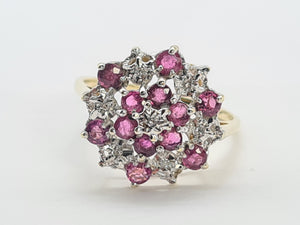 8219: Vintage: 9ct Gold 12 Rubies 7 Diamonds Large Flower Head Cluster Ring