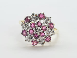 8219: Vintage: 9ct Gold 12 Rubies 7 Diamonds Large Flower Head Cluster Ring