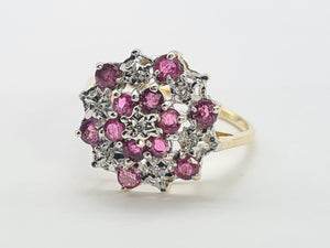 8219: Vintage: 9ct Gold 12 Rubies 7 Diamonds Large Flower Head Cluster Ring