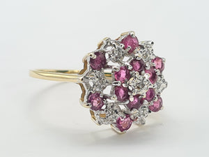 8219: Vintage: 9ct Gold 12 Rubies 7 Diamonds Large Flower Head Cluster Ring