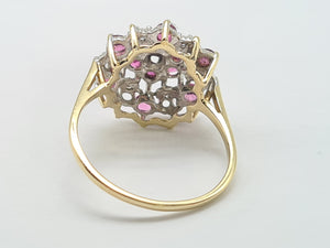 8219: Vintage: 9ct Gold 12 Rubies 7 Diamonds Large Flower Head Cluster Ring