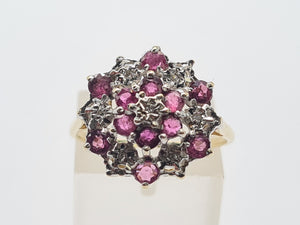 8219: Vintage: 9ct Gold 12 Rubies 7 Diamonds Large Flower Head Cluster Ring