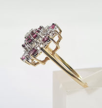 Load image into Gallery viewer, 8219: Vintage: 9ct Gold 12 Rubies 7 Diamonds Large Flower Head Cluster Ring
