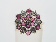 Load image into Gallery viewer, 8219: Vintage: 9ct Gold 12 Rubies 7 Diamonds Large Flower Head Cluster Ring
