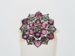 8219: Vintage: 9ct Gold 12 Rubies 7 Diamonds Large Flower Head Cluster Ring