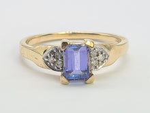 Load image into Gallery viewer, 8232: Vintage; 9ct Gold Emerald cut Tanzanite Diamonds Dress; Ring- lovely cut and colour
