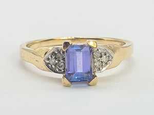 8232: Vintage; 9ct Gold Emerald cut Tanzanite Diamonds Dress; Ring- lovely cut and colour