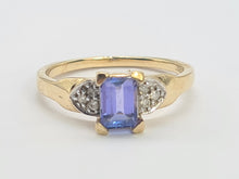 Load image into Gallery viewer, 8232: Vintage; 9ct Gold Emerald cut Tanzanite Diamonds Dress; Ring- lovely cut and colour
