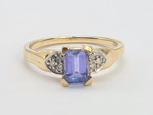 8232: Vintage; 9ct Gold Emerald cut Tanzanite Diamonds Dress; Ring- lovely cut and colour
