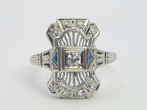 A8249: Antique: Art Deco 18ct White Gold Sapphire Diamonds Openwork Ring- beautiful symmetry-