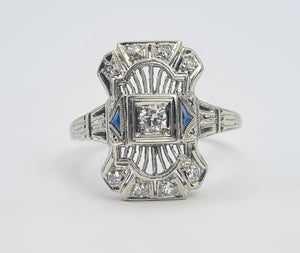 A8249: Antique: Art Deco 18ct White Gold Sapphire Diamonds Openwork Ring- beautiful symmetry-