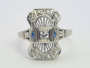 A8249: Antique: Art Deco 18ct White Gold Sapphire Diamonds Openwork Ring- beautiful symmetry-