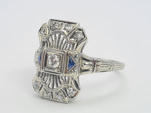 A8249: Antique: Art Deco 18ct White Gold Sapphire Diamonds Openwork Ring- beautiful symmetry-