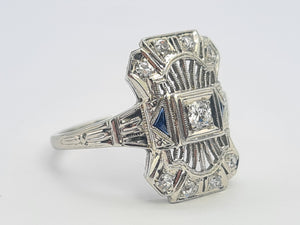 A8249: Antique: Art Deco 18ct White Gold Sapphire Diamonds Openwork Ring- beautiful symmetry-