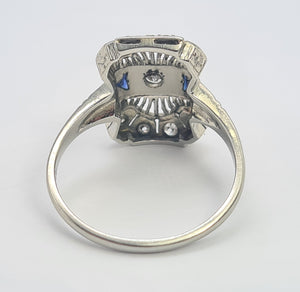 A8249: Antique: Art Deco 18ct White Gold Sapphire Diamonds Openwork Ring- beautiful symmetry-