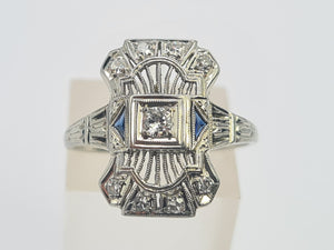 A8249: Antique: Art Deco 18ct White Gold Sapphire Diamonds Openwork Ring- beautiful symmetry-