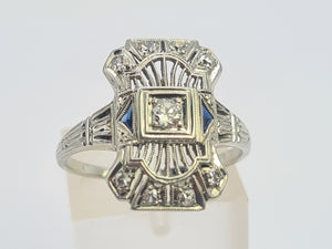 A8249: Antique: Art Deco 18ct White Gold Sapphire Diamonds Openwork Ring- beautiful symmetry-