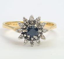 Load image into Gallery viewer, 8255: Vintage: 18ct Gold French Blue Sapphire 12 Diamonds &quot;Starburst&quot; Floral Cluster Ring
