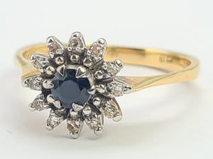 8255: Vintage: 18ct Gold French Blue Sapphire 12 Diamonds "Starburst" Floral Cluster Ring