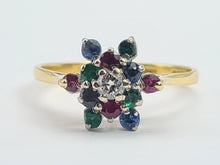 Load image into Gallery viewer, 8256: Vintage: 18ct Gold Rubies, Sapphires, Emeralds Diamond &quot;Snowflake&quot; Ring- Date marked in 1984
