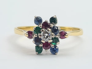 8256: Vintage: 18ct Gold Rubies, Sapphires, Emeralds Diamond "Snowflake" Ring- Date marked in 1984