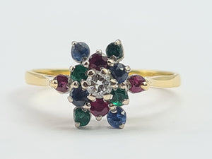 8256: Vintage: 18ct Gold Rubies, Sapphires, Emeralds Diamond "Snowflake" Ring- Date marked in 1984