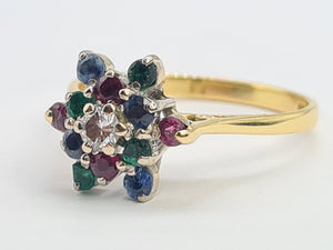 8256: Vintage: 18ct Gold Rubies, Sapphires, Emeralds Diamond "Snowflake" Ring- Date marked in 1984