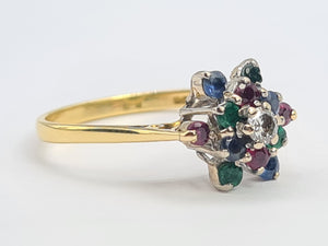 8256: Vintage: 18ct Gold Rubies, Sapphires, Emeralds Diamond "Snowflake" Ring- Date marked in 1984