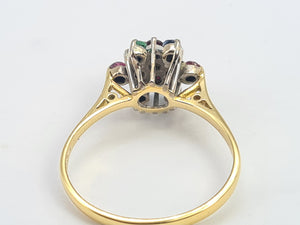 8256: Vintage: 18ct Gold Rubies, Sapphires, Emeralds Diamond "Snowflake" Ring- Date marked in 1984