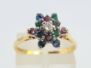 8256: Vintage: 18ct Gold Rubies, Sapphires, Emeralds Diamond "Snowflake" Ring- Date marked in 1984