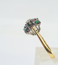 Load image into Gallery viewer, 8256: Vintage: 18ct Gold Rubies, Sapphires, Emeralds Diamond &quot;Snowflake&quot; Ring- Date marked in 1984
