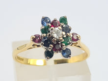 Load image into Gallery viewer, 8256: Vintage: 18ct Gold Rubies, Sapphires, Emeralds Diamond &quot;Snowflake&quot; Ring- Date marked in 1984
