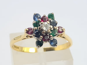 8256: Vintage: 18ct Gold Rubies, Sapphires, Emeralds Diamond "Snowflake" Ring- Date marked in 1984