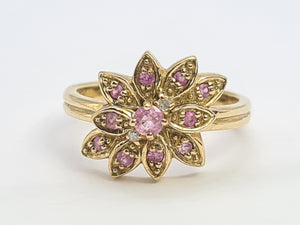 8259: Vintage; 9ct Gold Pink Sapphires Diamonds Flower Head Cocktail Ring