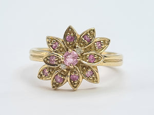 8259: Vintage; 9ct Gold Pink Sapphires Diamonds Flower Head Cocktail Ring