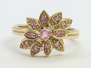 8259: Vintage; 9ct Gold Pink Sapphires Diamonds Flower Head Cocktail Ring