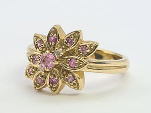 8259: Vintage; 9ct Gold Pink Sapphires Diamonds Flower Head Cocktail Ring