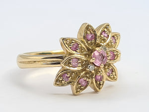 8259: Vintage; 9ct Gold Pink Sapphires Diamonds Flower Head Cocktail Ring