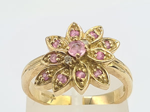 8259: Vintage; 9ct Gold Pink Sapphires Diamonds Flower Head Cocktail Ring