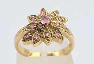 8259: Vintage; 9ct Gold Pink Sapphires Diamonds Flower Head Cocktail Ring