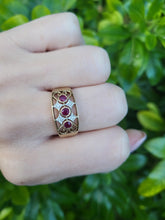 Load image into Gallery viewer, A8124: Vintage: 9ct Gold Rubies Diamonds Geometric Set Band- openwork design- superb
