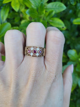 Load image into Gallery viewer, A8124: Vintage: 9ct Gold Rubies Diamonds Geometric Set Band- openwork design- superb
