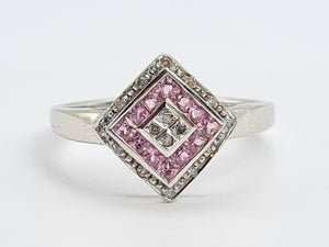 8269: Vintage 9ct White Gold Art Deco Style Pink Sapphires Diamonds Panel Ring