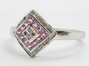 8269: Vintage 9ct White Gold Art Deco Style Pink Sapphires Diamonds Panel Ring