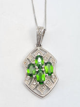 Load image into Gallery viewer, 8278: Vintage:: 9ct White Gold Green Diopsides 10 diamonds Pendant + Necklace (45cm)
