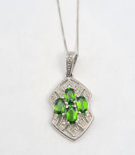 Load image into Gallery viewer, 8278: Vintage:: 9ct White Gold Green Diopsides 10 diamonds Pendant + Necklace (45cm)
