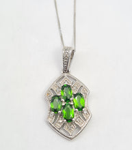 Load image into Gallery viewer, 8278: Vintage:: 9ct White Gold Green Diopsides 10 diamonds Pendant + Necklace (45cm)
