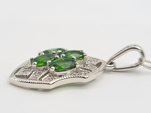 8278: Vintage:: 9ct White Gold Green Diopsides 10 diamonds Pendant + Necklace (45cm)